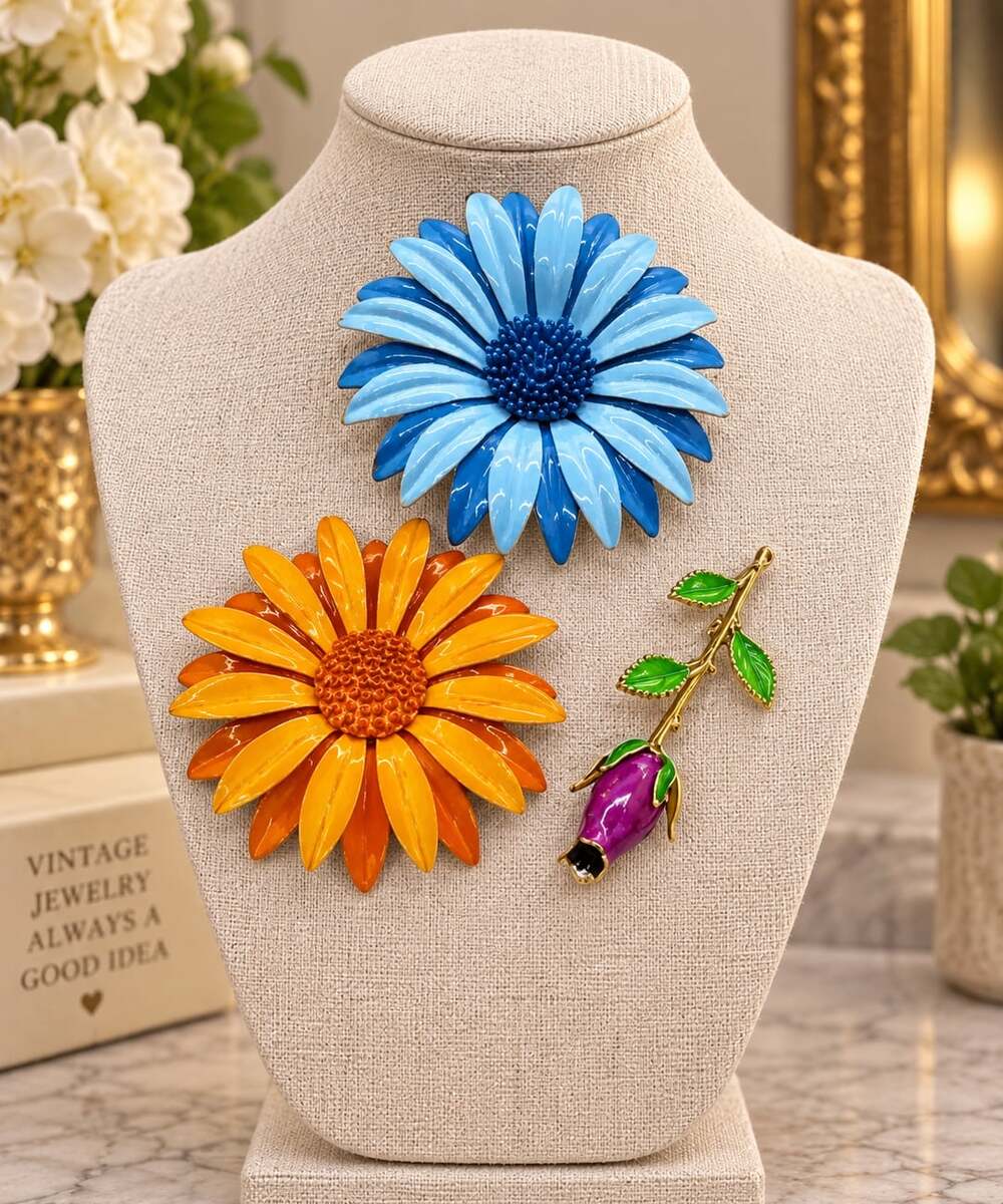 Vtg 60’s Enamel Flower Brooch Lot Blue & Orange Daisy Purple Rose Mod Pop Retro